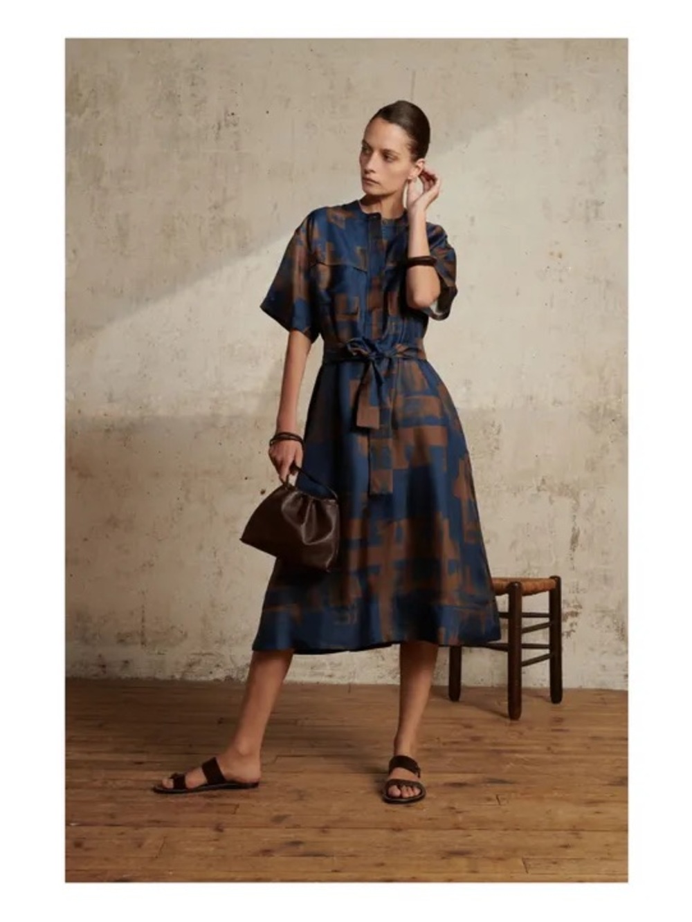 soeur Blue and Brown Abstract Belted Midi Dress